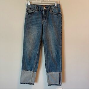 POL Cropped Ankle Jeans in Medium Blue with Cuffed Hem